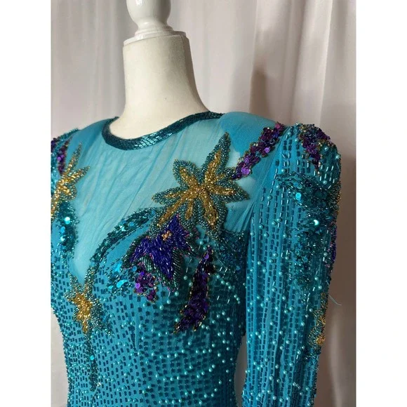 Vintage‎ Alyce Designs 100% Silk Beaded Floor Length Dress 1980s Blue Teal Sz 10